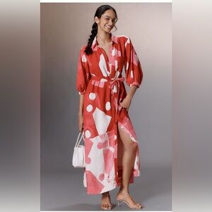 Anthropologie Red and White Ruffled Wrap Dress with Bishop Sleeves